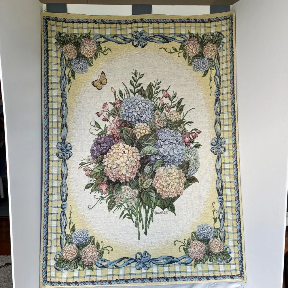 Lena Liu Floral Tapestry Wall Hanging Hydrangea Butterfly Cottage Shabby Chic